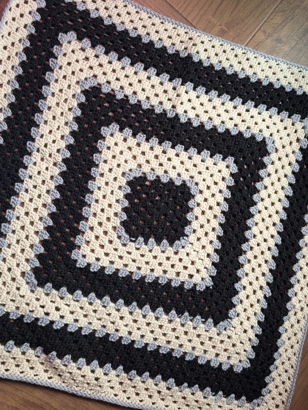 Handmade Crochet Granny Square Blanket in Black, Cream & Gray